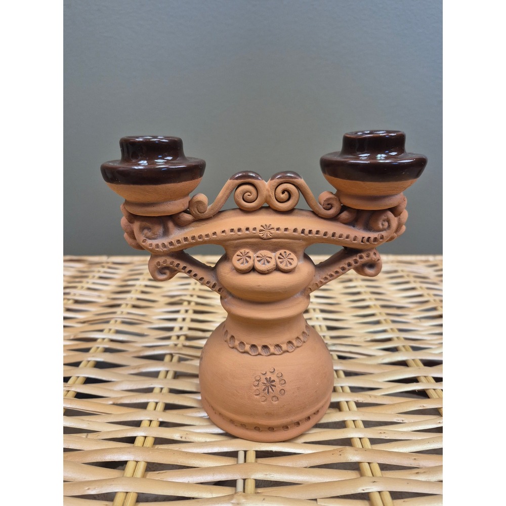 Vintage Terracotta Double Candle Holder Folk Art Glazed Clay Candelabra MCM Gift